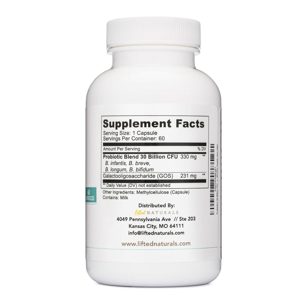 Lifted Naturals Probiotics bottle on shelf conveys high-quality formula.