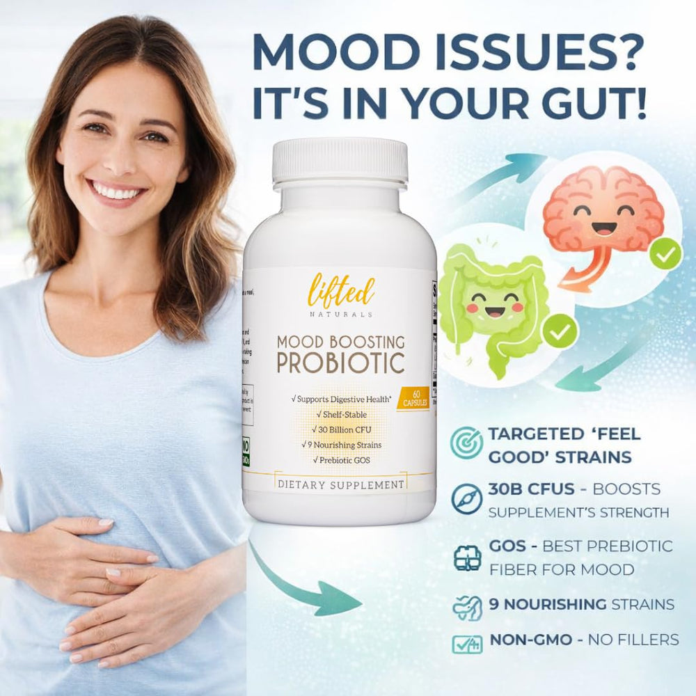 Lifted Naturals travel-friendly packaging—shelf-stable probiotic for busy days.