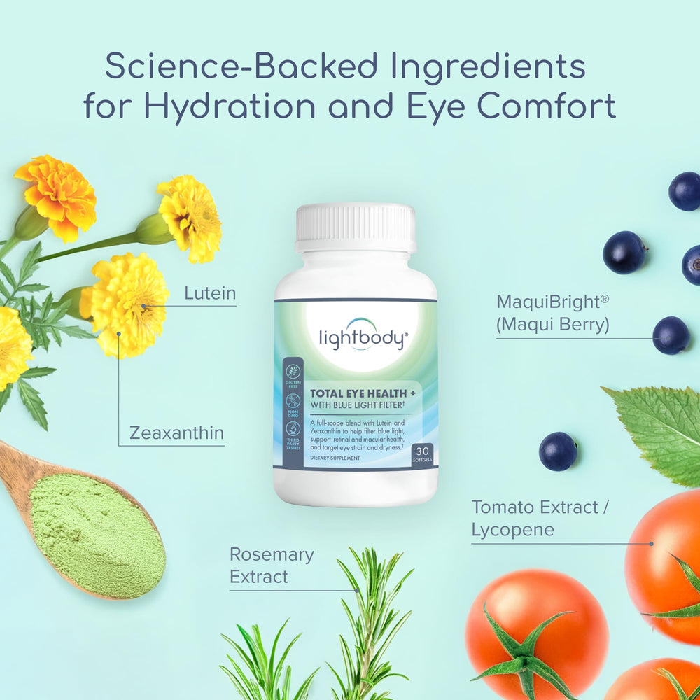Lightbody Total Eye Health softgels closeup; easy-to-swallow capsules.