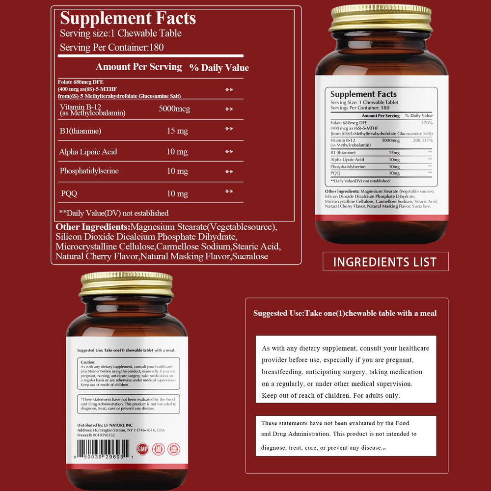 LIIFE Methylcobalamin PQQ bottle front shows cherry-flavored chewables for on-the-go nerve support.
