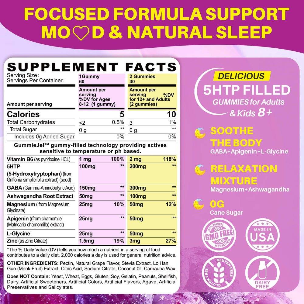 LILICARE 5HTP Gummies bottle back showing ingredients and nutrient highlights.