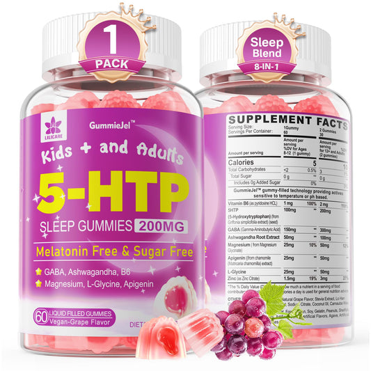 LILICARE 5HTP Gummies bottle with sugar-free calming promise.