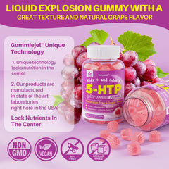 LILICARE 5HTP Gummies ingredients scene with GABA and magnesium highlights.