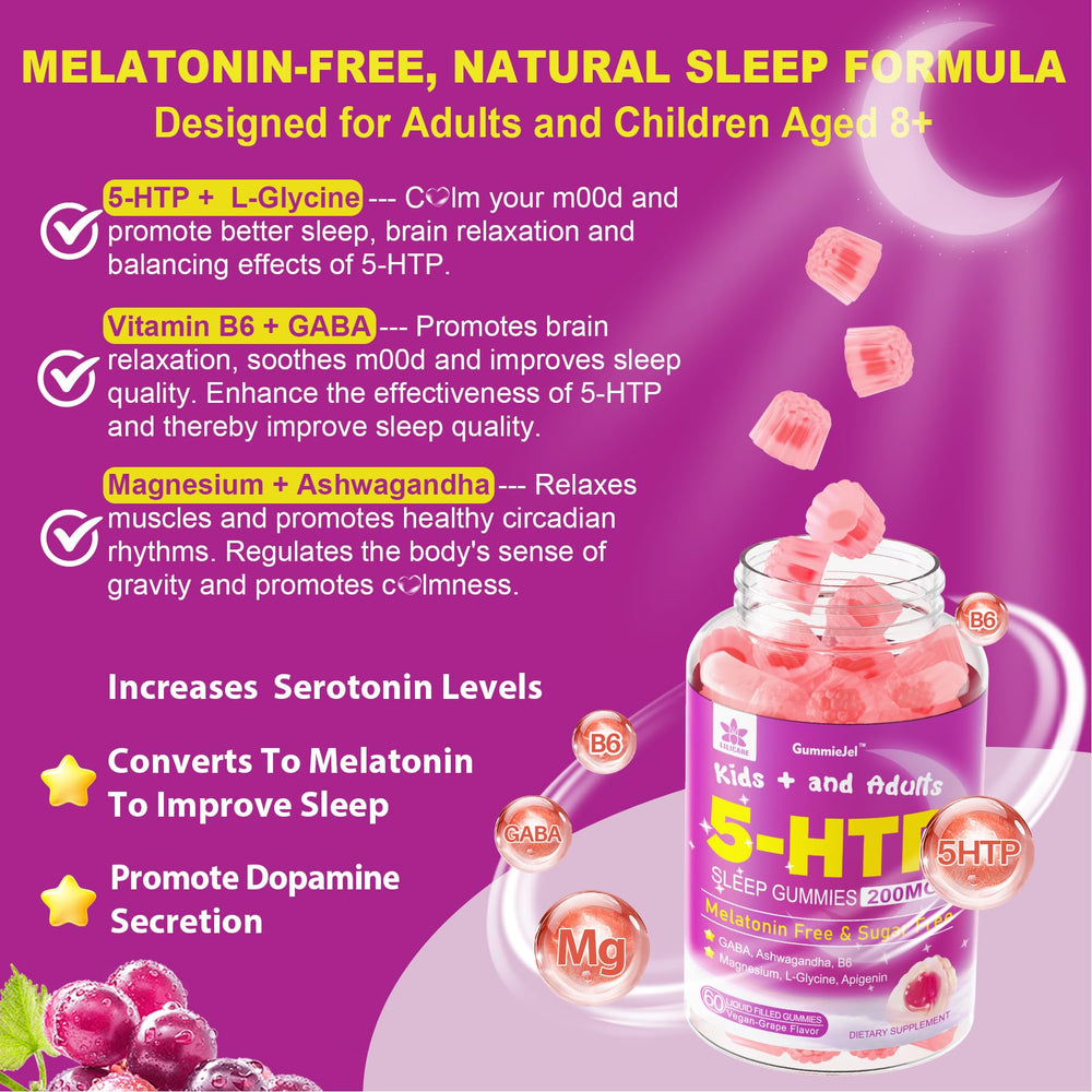 Front packaging of LILICARE 5HTP Gummies showing sugar-free and melatonin-free benefits for adults.