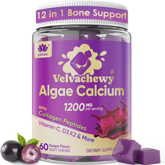 LILICARE Algae Calcium Soft Chews bottle shows 1200 mg calcium per chew.