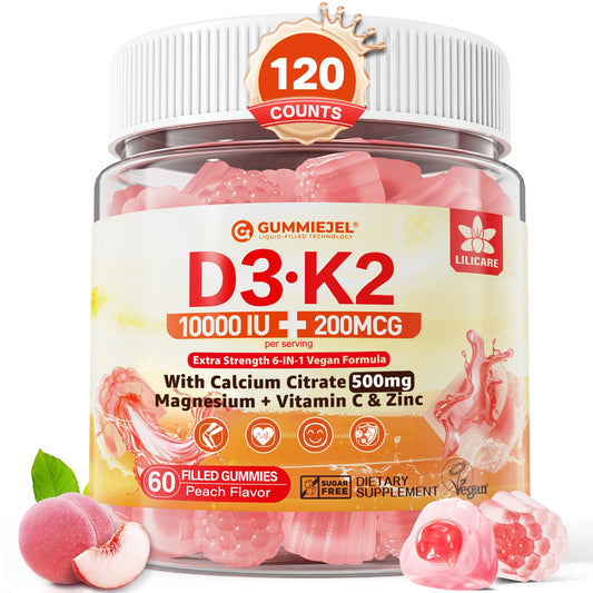 LILICARE D3 K2 filled gummies bottle for vegan daily wellness.