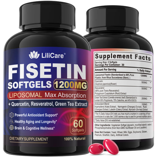 LILICARE Fisetin bottle front shows 1200mg liposomal formula for aging support.
