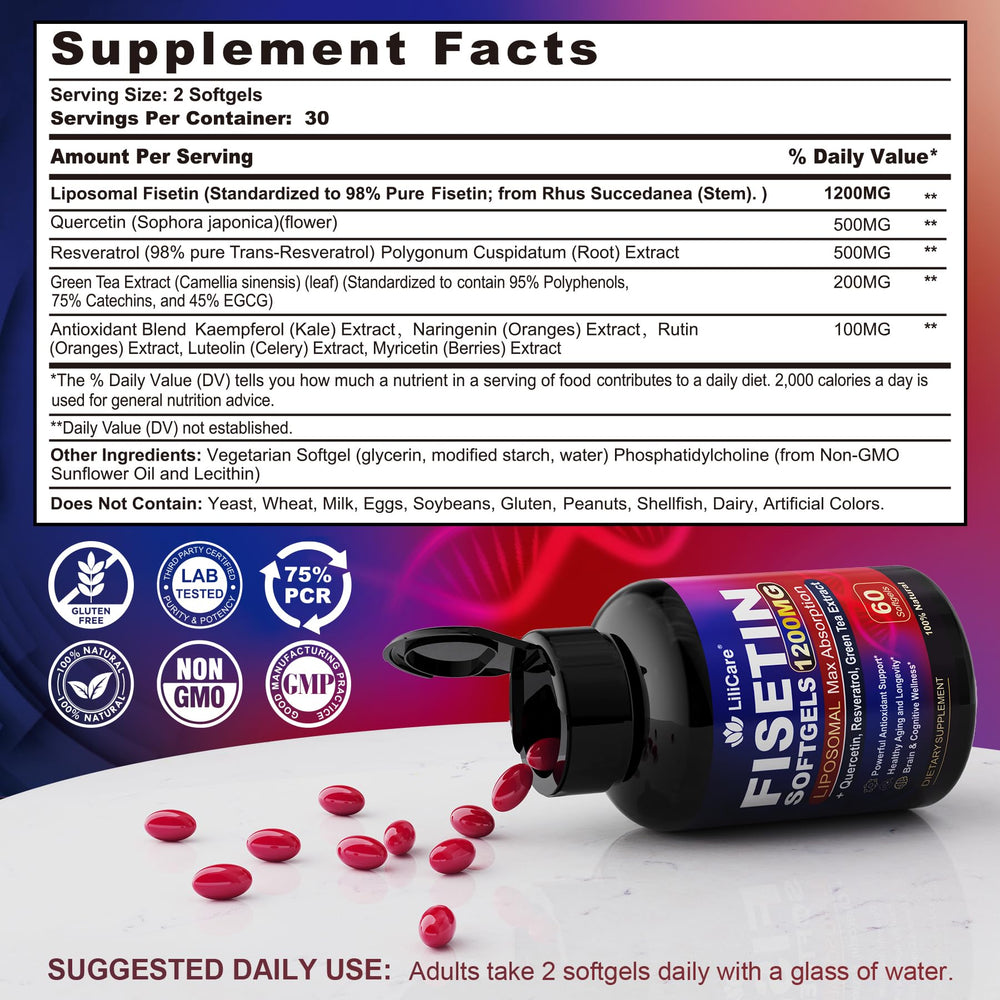 LILICARE Fisetin bottle pour demonstrates easy daily dosing for longevity goals.