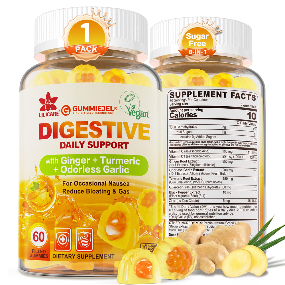 LILICARE Ginger Chews packshot showing a 60-count sugar-free bottle for digestive support