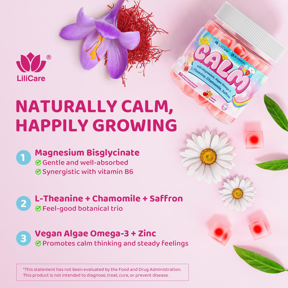 LILICARE Kids Calm L-theanine chamomile saffron image shows gentle soothing aid.