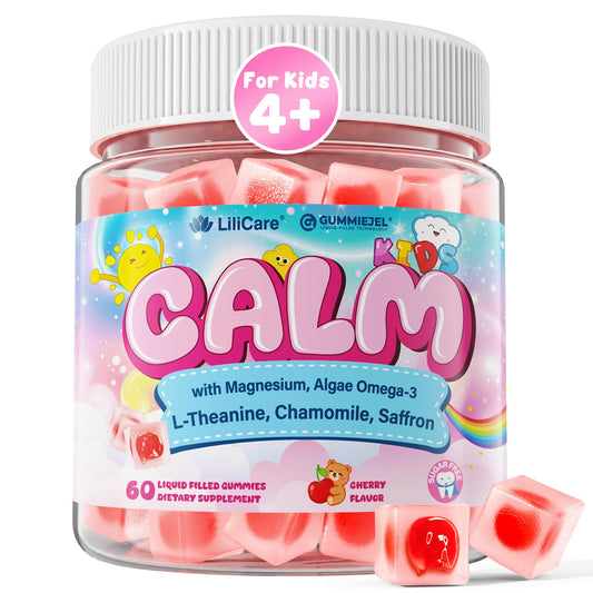 LILICARE Kids Calm gummies jar showcases magnesium and omega-3 blend for daily calm.
