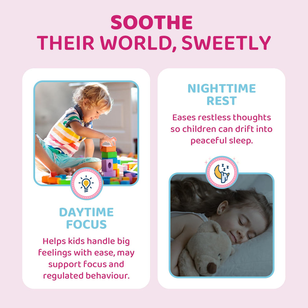 LILICARE Kids Calm vegan sugar-free gummies badge highlights tooth-friendly daily use.