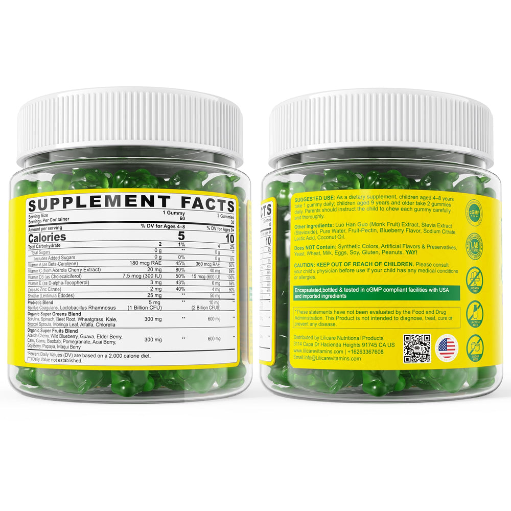 LILICARE gummies-ingredients info close-up with transparent nutrition details.