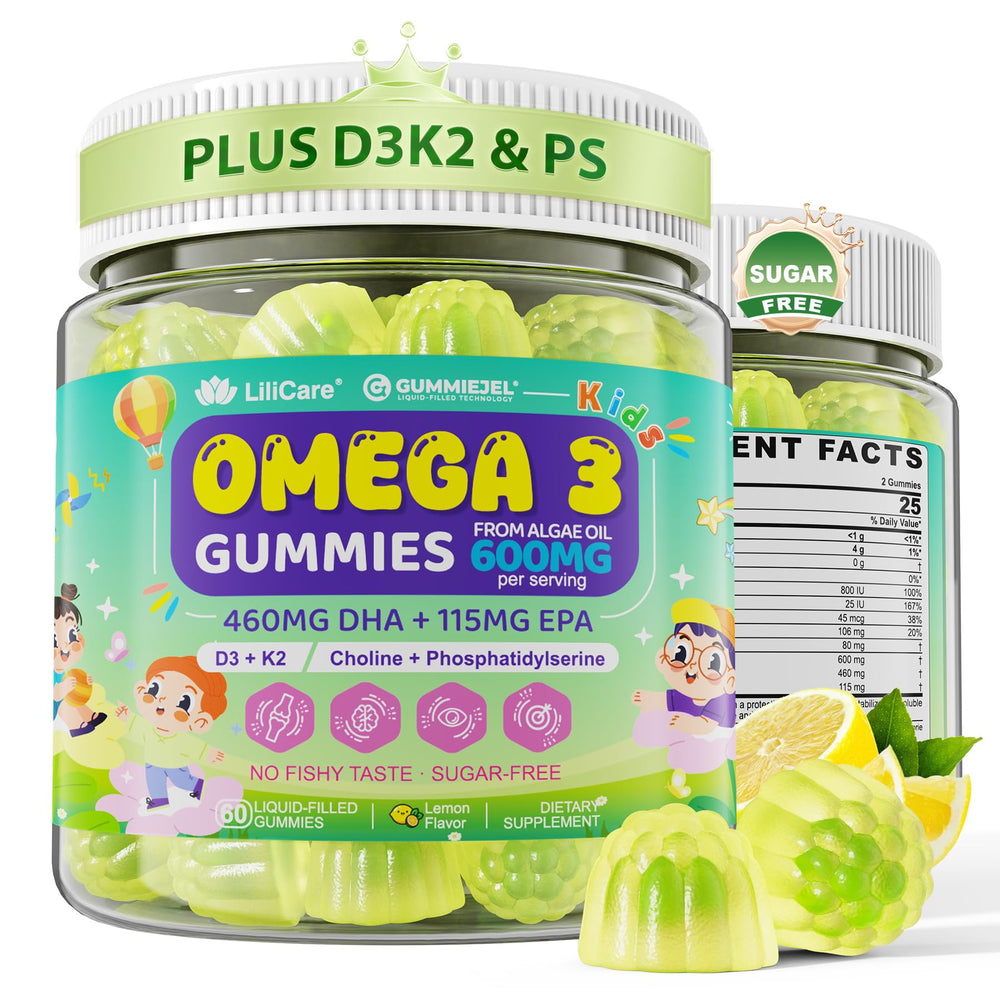 LILICARE Kids Omega-3 gummies in lemon flavor for brain support and healthy development.