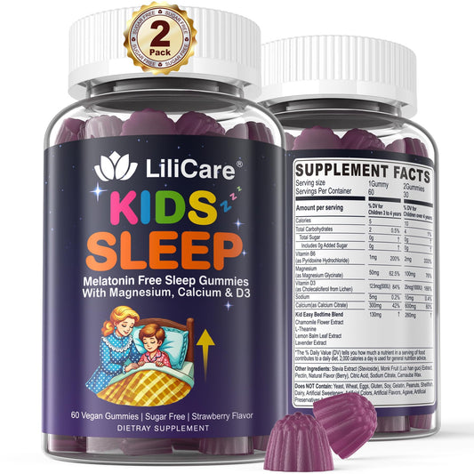 LILICARE Kids Sleep Gummies pack 2 front, melatonin-free calm bedtime option.