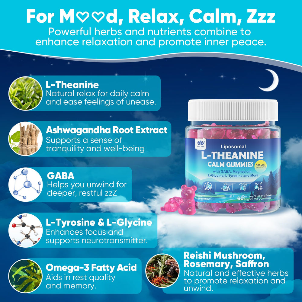 LILICARE L-Theanine Calm Gummies show blueberry flavor for a tranquil mood.