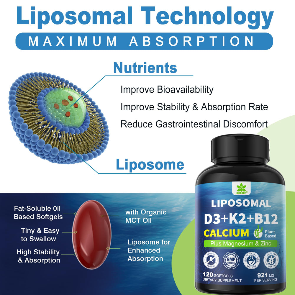 LILICARE liposomal softgel close-up emphasizes protective delivery for D3 and K2.