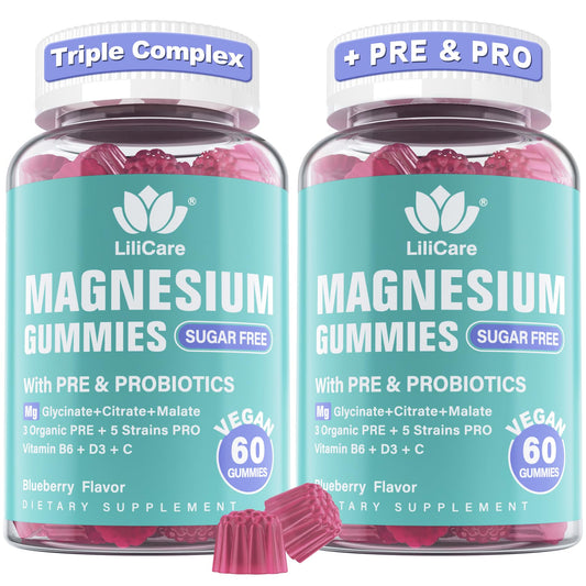 LILICARE Magnesium Complex Gummies jar with blueberries for daily wellness support