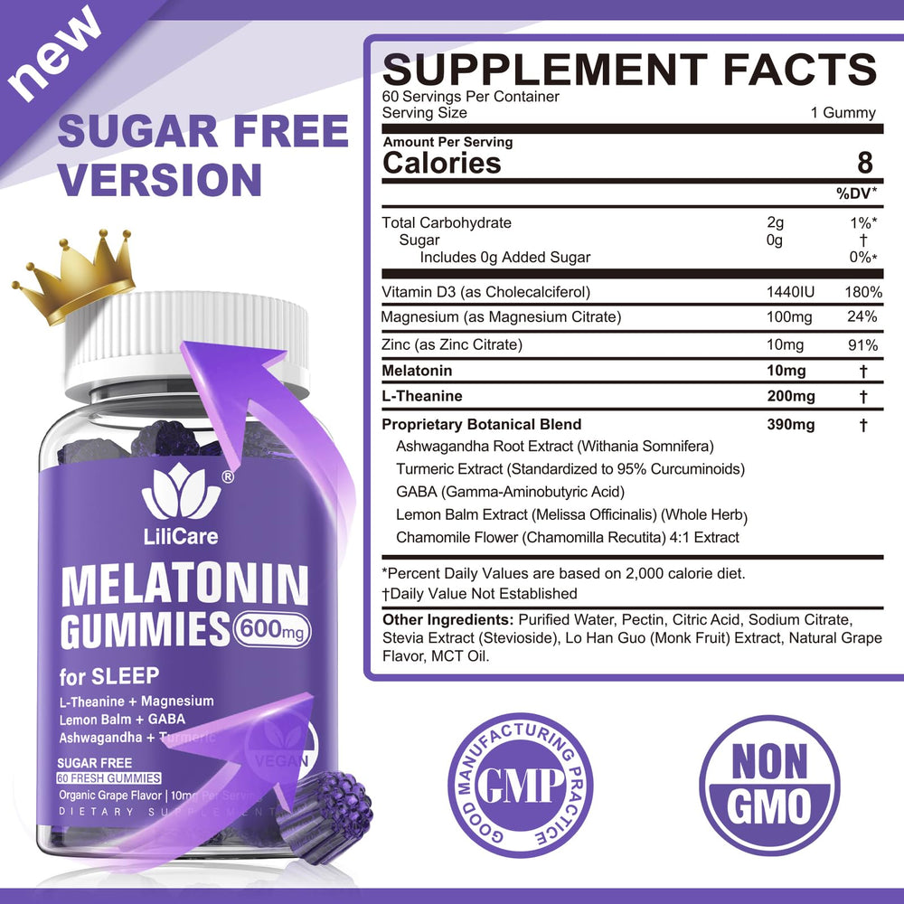 LILICARE Melatonin Gummies bottle side view showing vegan formula