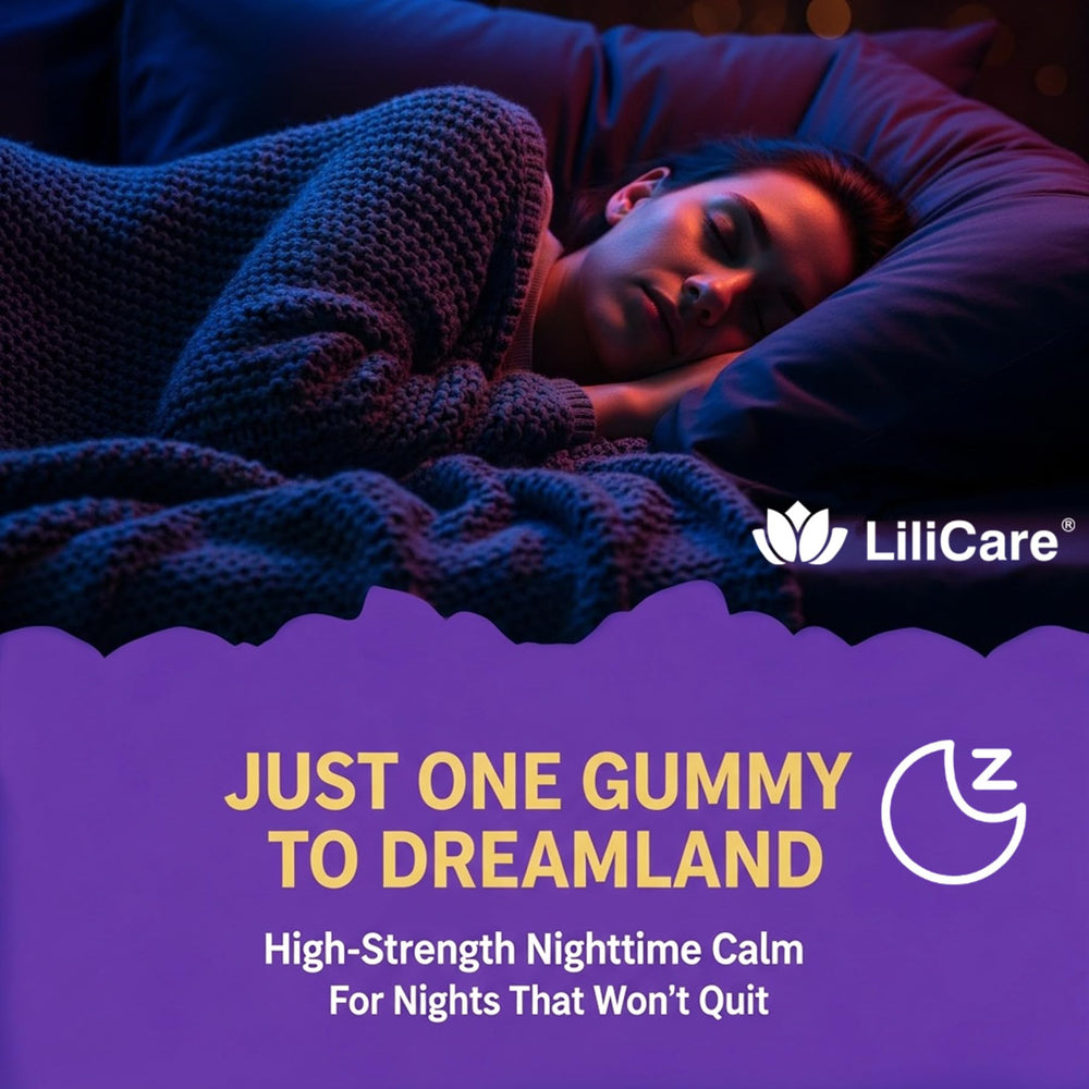 LILICARE Gummies near a glass evoke a tranquil bedtime routine