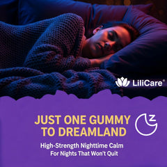 LILICARE Gummies near a glass evoke a tranquil bedtime routine