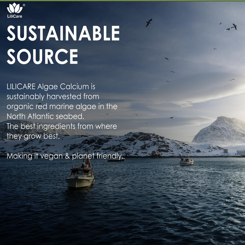 LILICARE nutrition facts panel highlights 70+ trace minerals in algae calcium formulation.