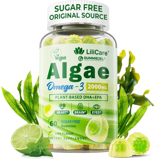 LILICARE Omega-3 gummies bottle, highlighting vegan algae oil and easy daily intake.