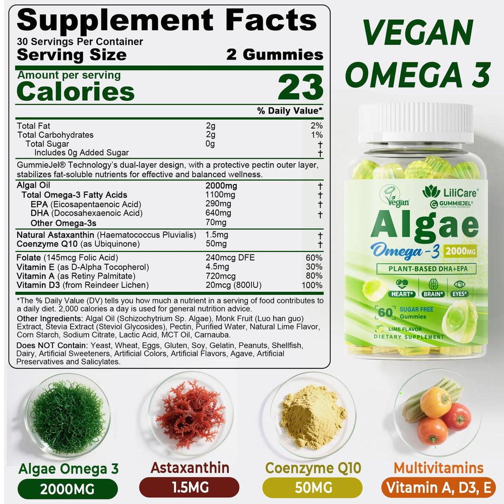 LILICARE Omega-3 gummies DHA-EPA close-up, emphasizing seaweed source and balanced fatty acids.
