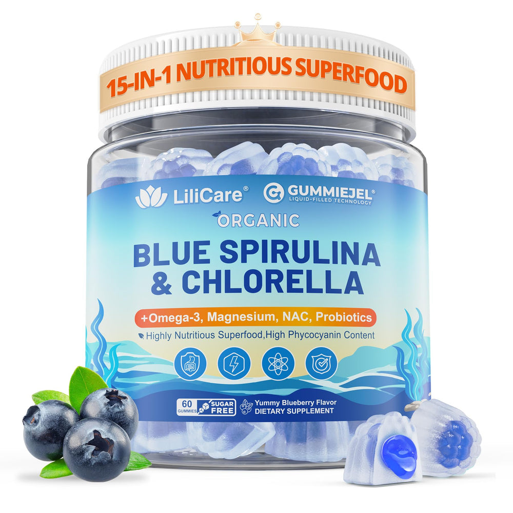 LILICARE organic blue spirulina chlorella gummies package for vegan nutrition.