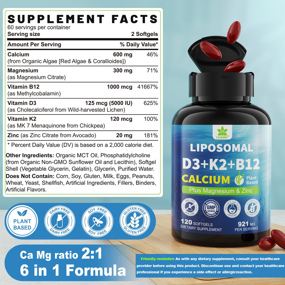 LILICARE algae calcium image highlights plant-based source for gentle absorption and bone-supporting nutrients.