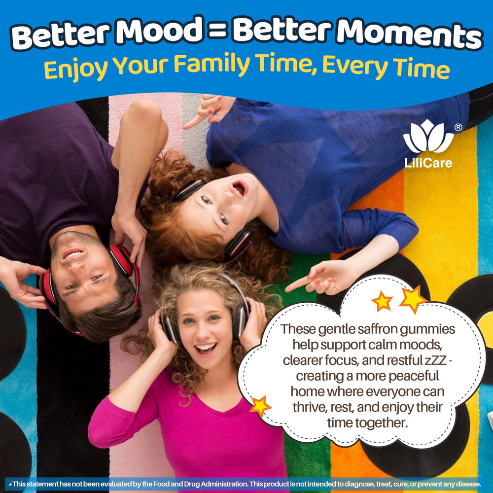LILICARE bottle with family using gummies during school routine and bedtime.