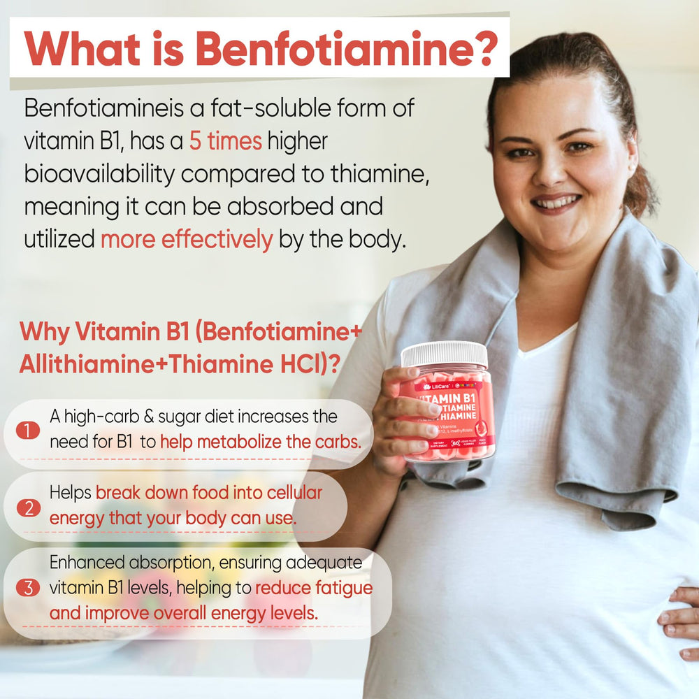 Ingredient panel showing benfotiamine, methylated B12, and B6 for nutrient density.
