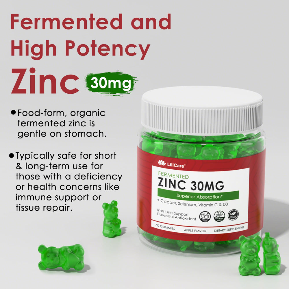 LILICARE Zinc Gummies show organic whole-food antioxidant blend visuals.