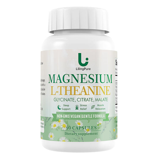 LilingPure Magnesium Complex bottle on a nightstand promotes a calm evening routine.