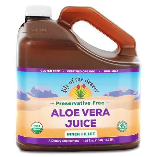 Lily of the Desert Aloe Vera Juice bottle showing organic, preservative-free inner leaf juice for daily wellness
