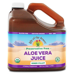 Lily of the Desert Aloe Vera Juice bottle showing organic, preservative-free inner leaf juice for daily wellness