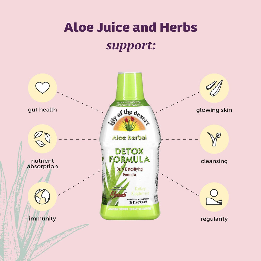 Close-up of Lily Of The Desert Detox label featuring Aloesorb
