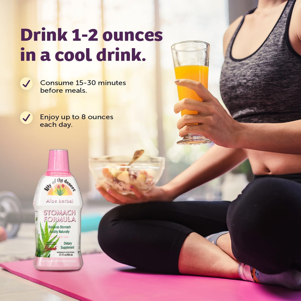 Boxed Lily Of The Desert Stomach Formula packaging emphasizing gluten-free and non-GMO.
