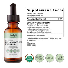 Limelight Herbals Organic Inflammation Formula bottle on shelf, organic and third-party tested