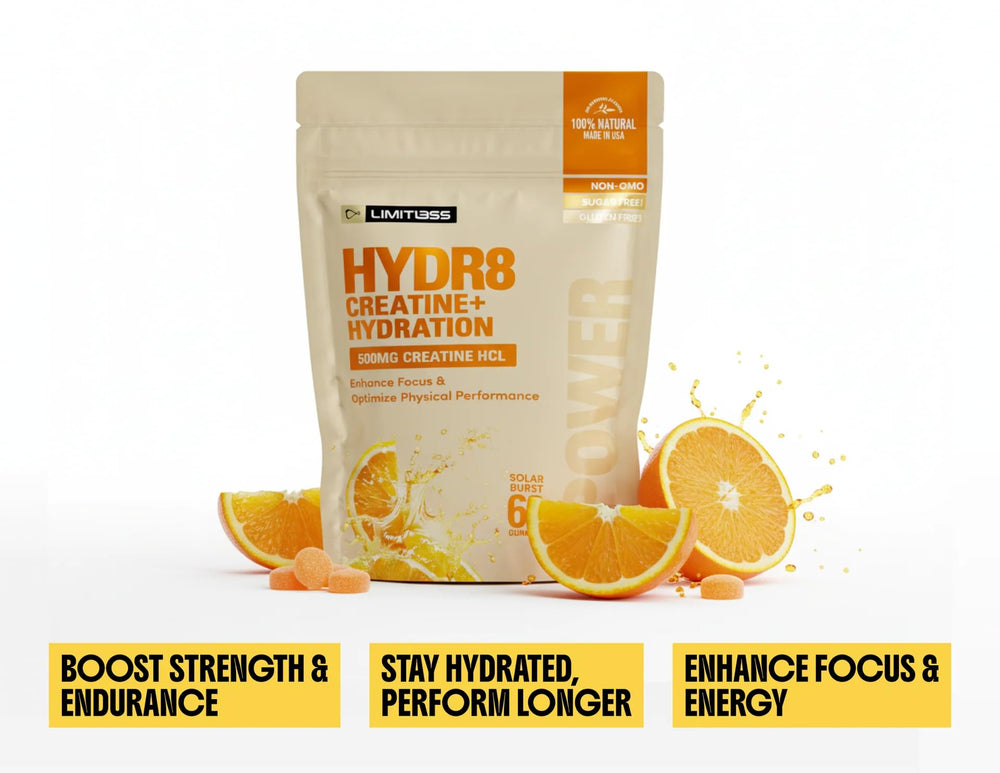 Limitless HYDR8 glass and gummies scene conveys easy daily hydration on the go.
