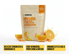 Limitless HYDR8 glass and gummies scene conveys easy daily hydration on the go.
