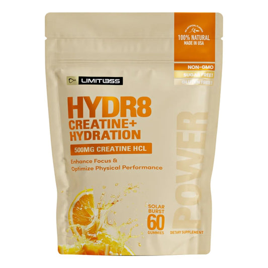 Limitless HYDR8 jar front showing gummies for on-the-go hydration and energy.