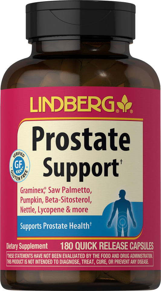 Lindberg Prostate Supplement bottle with capsules, supports urinary comfort.