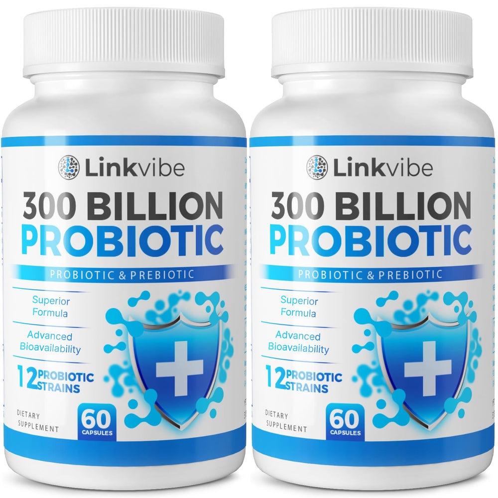 Linkvibe probiotic bottle showing 300B CFU capsules for daily digestive balance