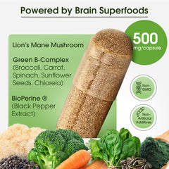 Lion's Mane dual extract capsules on label highlighting memory support