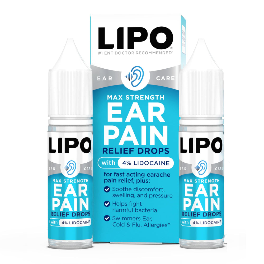 Lipo-Flavonoid ear drops with 4% lidocaine, pack of two tubes for quick relief.