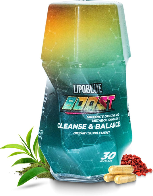 LIPOBLUE BOOST bottle front shows a clean design for daily appetite support.