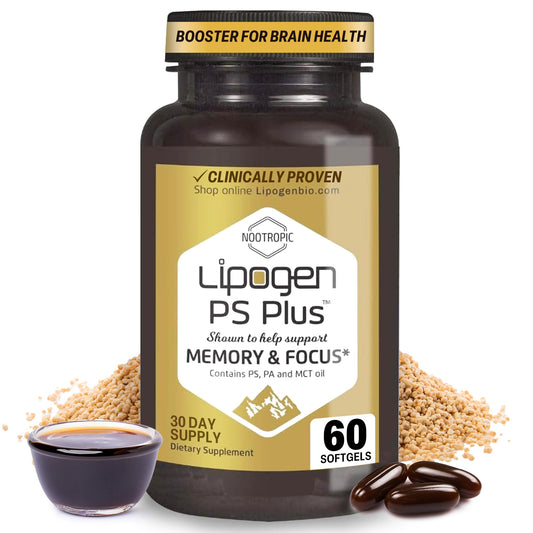 Lipogen PS Plus bottle label highlighting memory and focus support.