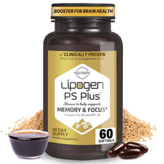 Lipogen PS Plus bottle label highlighting memory and focus support.