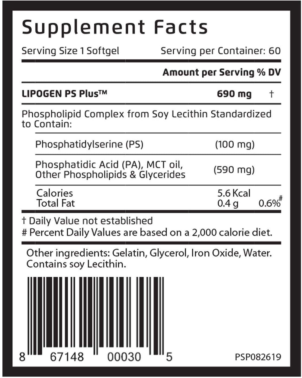 Close-up of Lipogen PS Plus softgels highlighting 100 mg phosphatidylserine.